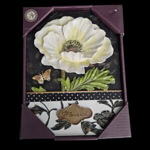 New View Wall Plaque Flourish White Flower Butterfly 3D Art Tile Home Decor NIB